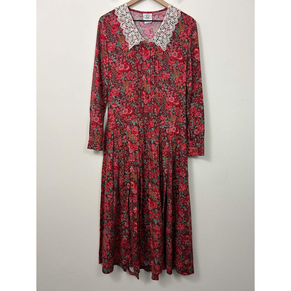 Laura Ashley Vintage Floral Lace Collar Midi Dress Red Wool Blend Sie 4 - Picture 1 of 11